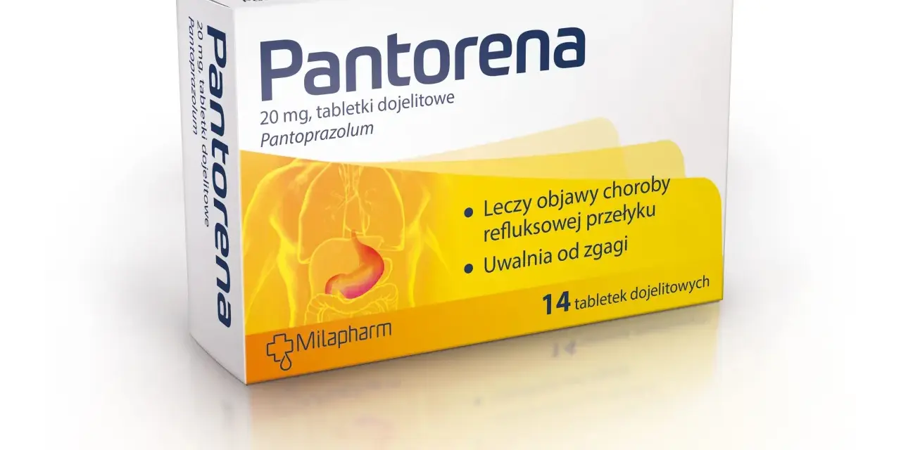 Opakowanie leku Pantorena 20 mg, tabletki dojelitowe, z grafiką żołądka.
