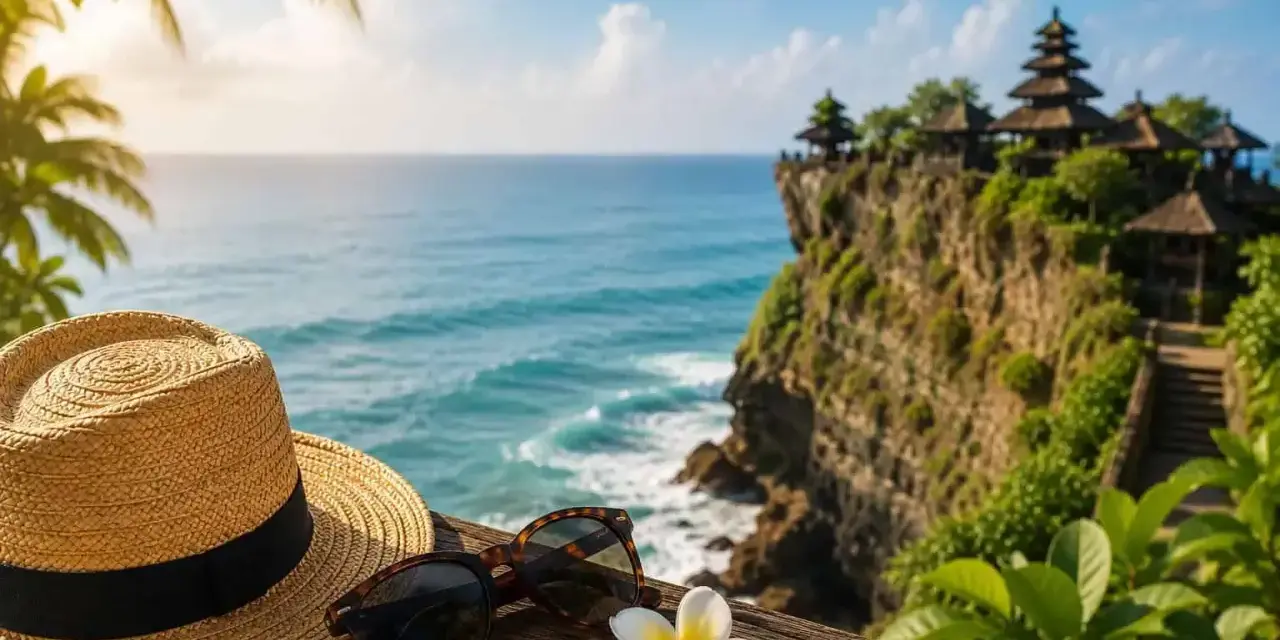 Słoneczny dzień na Bali. Słomkowy kapelusz, okulary i kwiat frangipani na drewnianym tarasie z widokiem na ocean i świątynię na klifie. Idealne miejsce na wakacje, po szczepieniach.