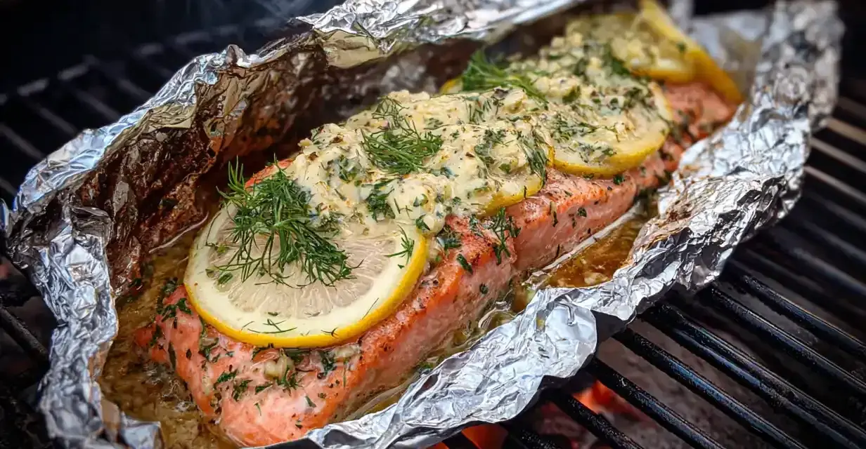 En saftig grillad laxsida i folie, toppad med citronskivor och dill, ångar på grillen.