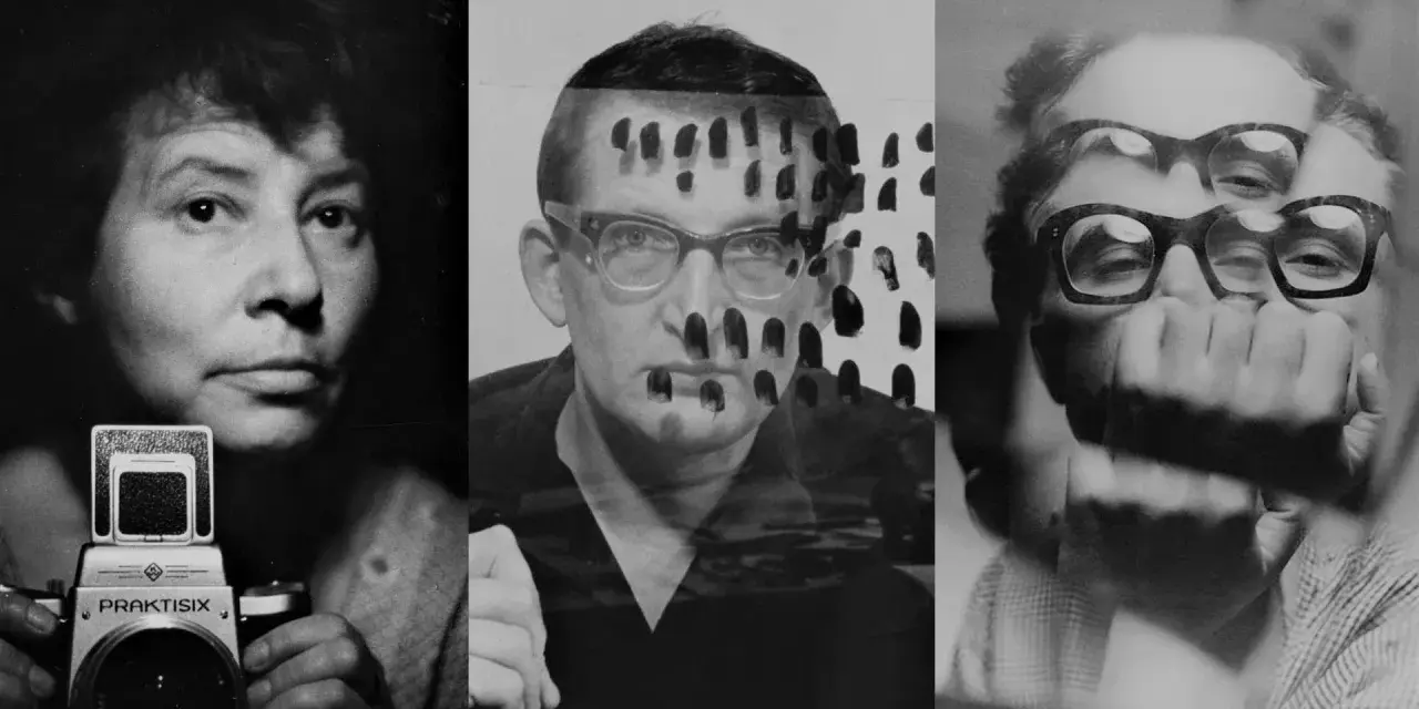 Portrety trzech wybitnych polskich fotografów: kobiety z aparatem Praktisix, mężczyzny w okularach z odbiciami palców i mężczyzny z podwójnymi okularami.