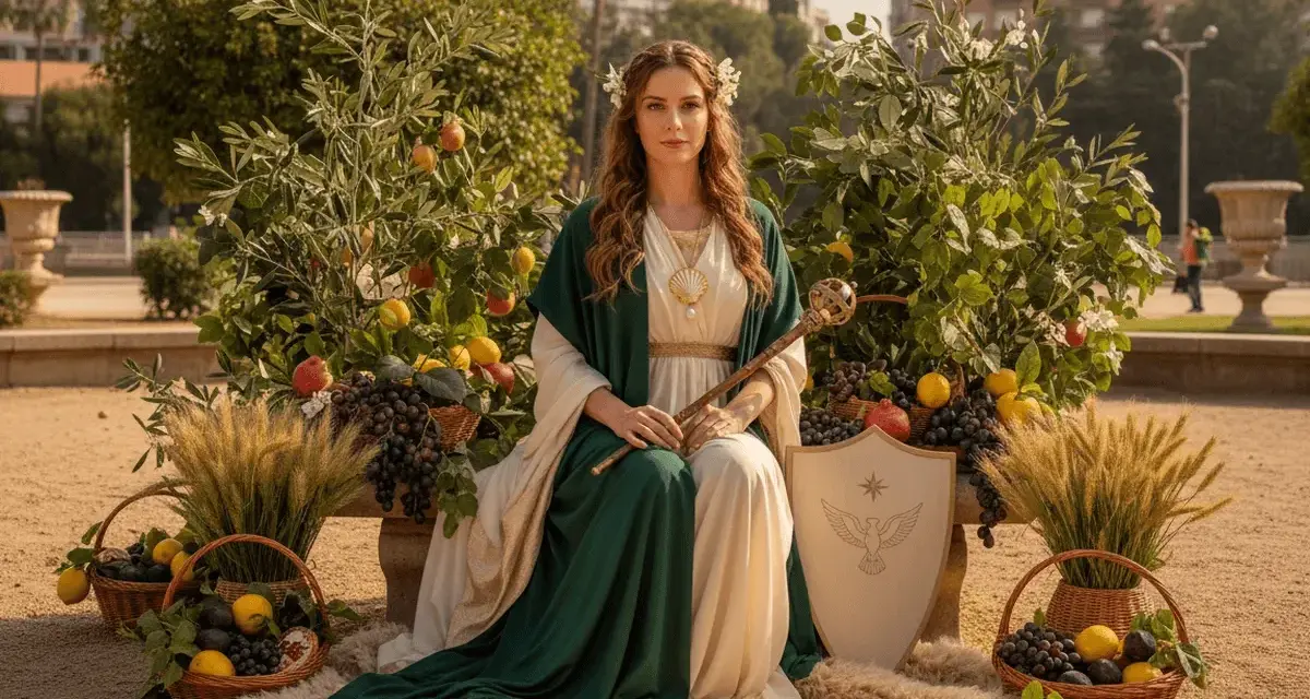 Mujer con túnica verde y blanca, rodeada de frutas y espigas, evoca la templanza y la emperatriz tarot.