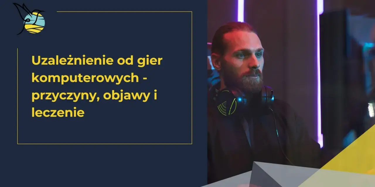 Mężczyzna w słuchawkach, zamyślony, może potrzebować testu na uzależnienie od gier. Tekst: Uzależnienie od gier komputerowych - przyczyny, objawy i leczenie.