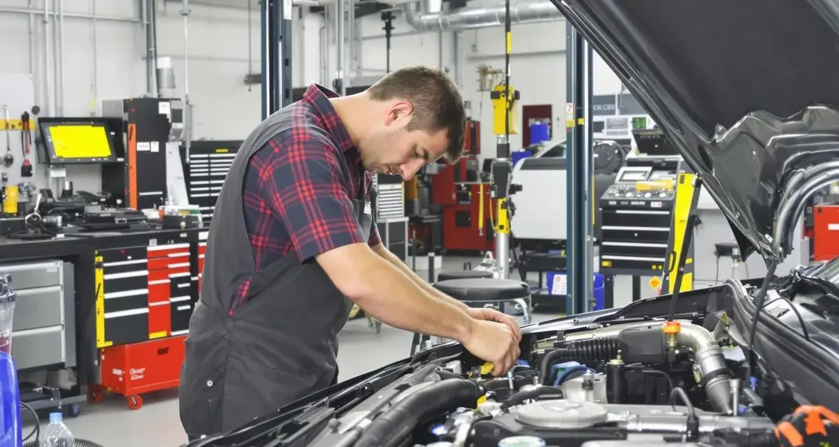 Mecánico trabajando en un motor en un taller. El sistema ERP del taller está organizado y listo para el diagnóstico.