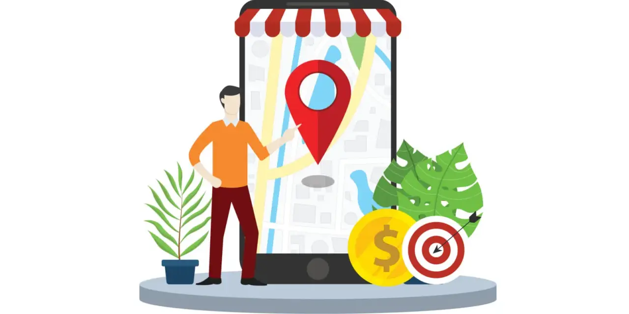 Hombre señalando un mapa en un móvil, simbolizando el **posicionamiento web local**. Moneda y diana sugieren éxito y objetivos.