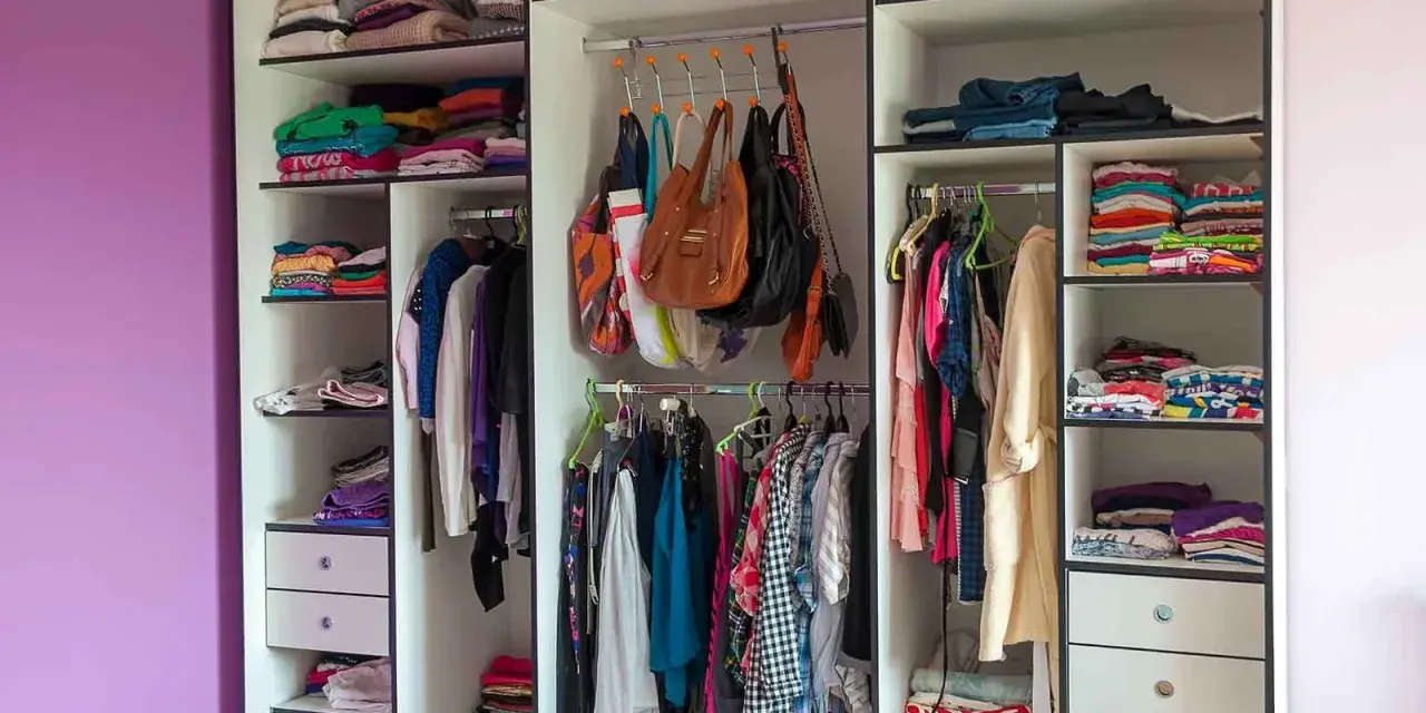 Armadio a muro con ante scorrevoli, pieno di vestiti piegati e appesi, borse e scarpe. Le dimensioni armadio camera da letto sono ben sfruttate.