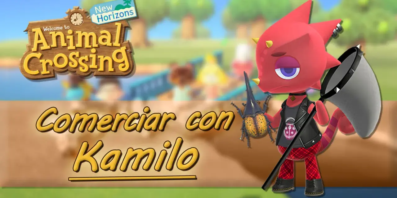 Kamilo, el lagarto de Animal Crossing, listo para comerciar con su gran escarabajo y red.