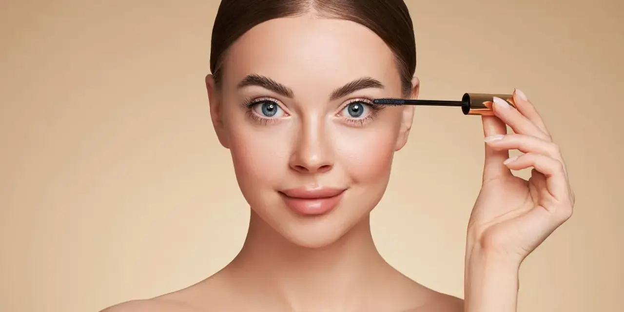 Femme appliquant du mascara sur ses cils, regard bleu intense.