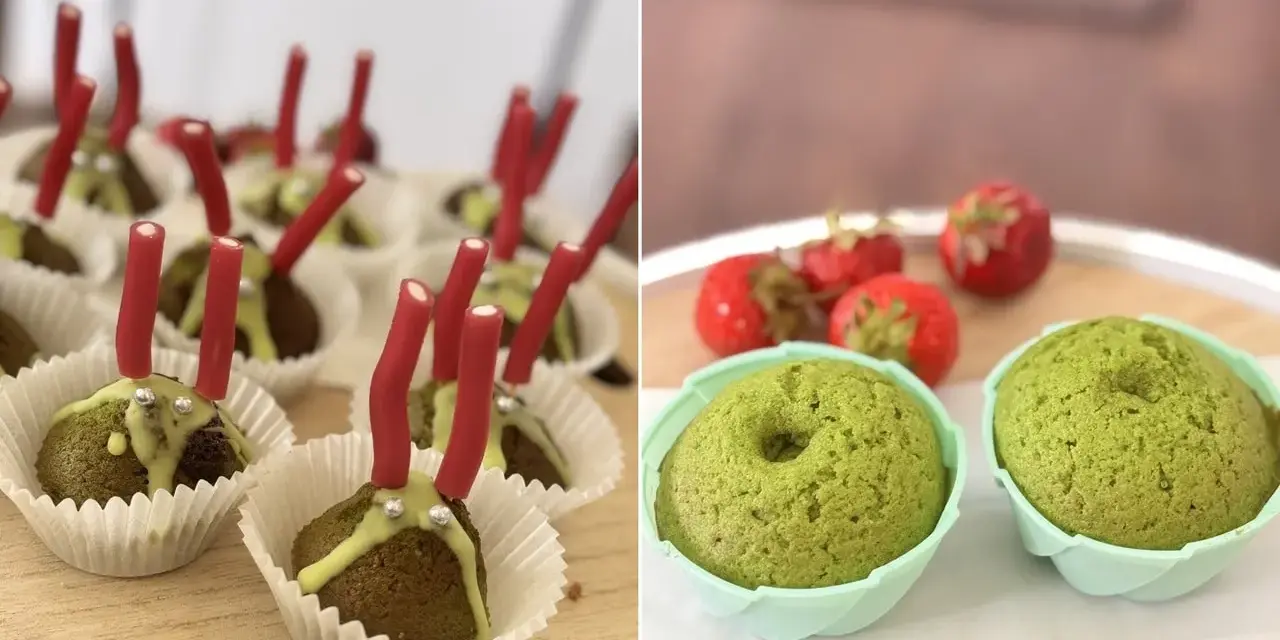 Dwa ujęcia: muffinki z czerwonymi patyczkami i posypką, oraz zielone muffinki z truskawkami.