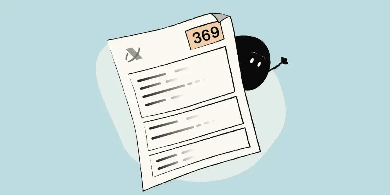 Un personaje negro con ojos blancos se esconde detrás de un documento con el número 369.