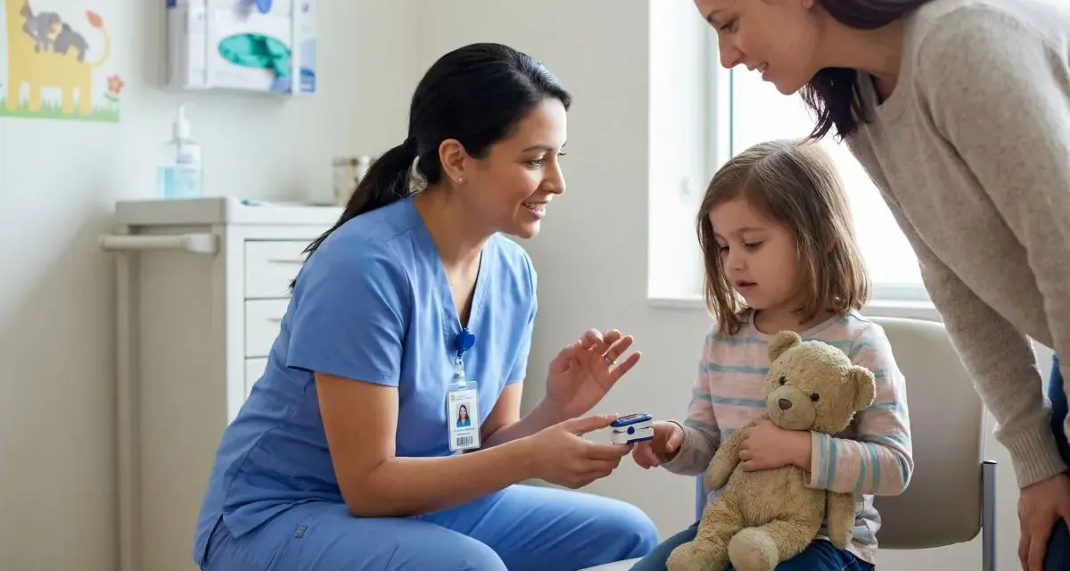 Pielęgniarka pediatryczna z uśmiechem pokazuje pulsoksymetr dziecku, które trzyma misia. Obok stoi mama.