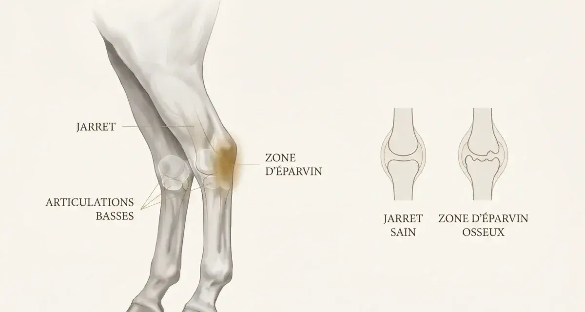 Illustration anatomique du jarret de cheval, montrant la zone d'éparvin et les articulations basses. Comparaison entre un jarret sain et une zone d'éparvin osseuse.
