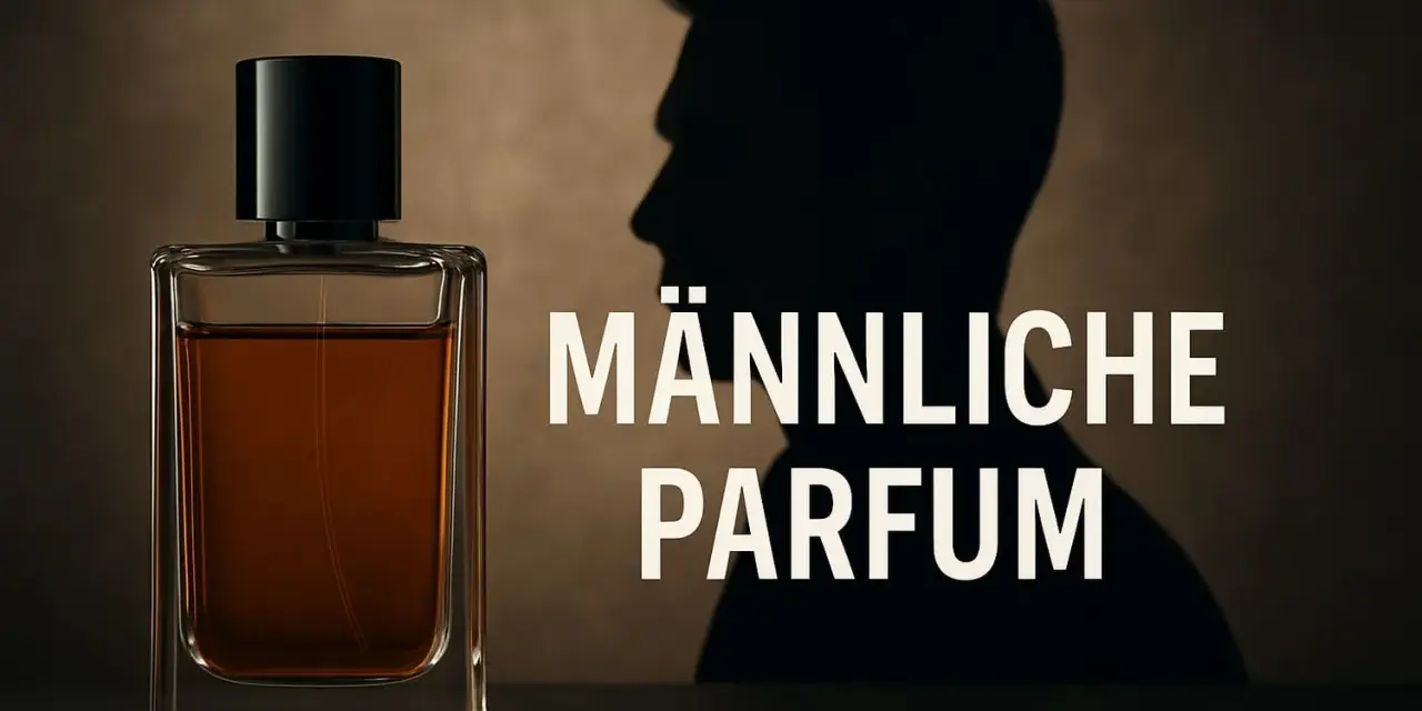 Eine Glasflasche mit braunem Parfum und der Schatten eines Mannes.