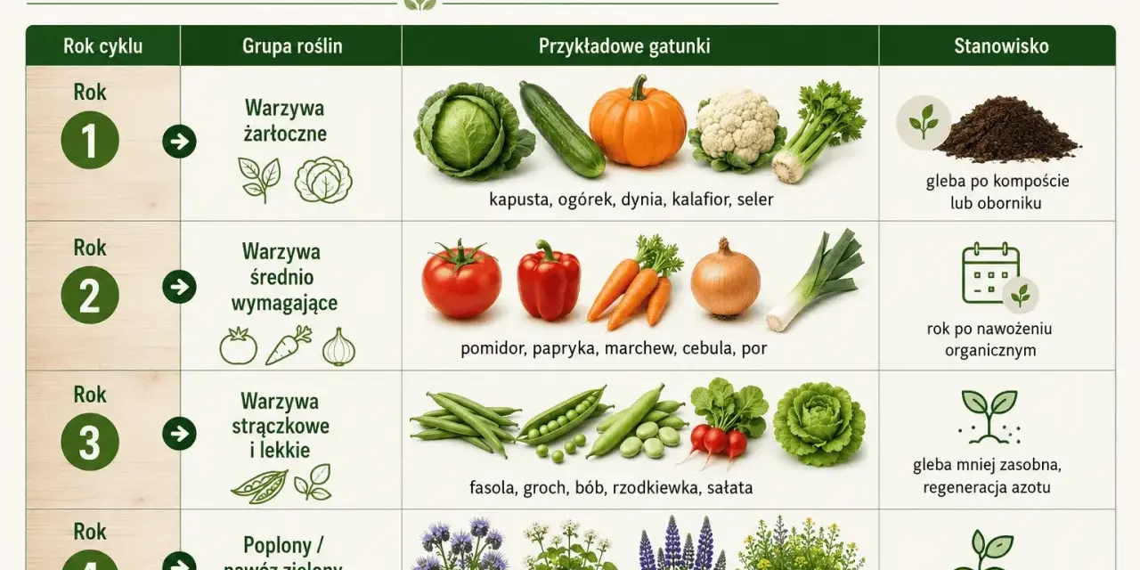 Plan płodozmianu warzyw: rok 1 – warzywa żarłoczne (kapusta, dynia), rok 2 – średnio wymagające (pomidor, marchew), rok 3 – strączkowe (fasola, groch), rok 4 – poplony.