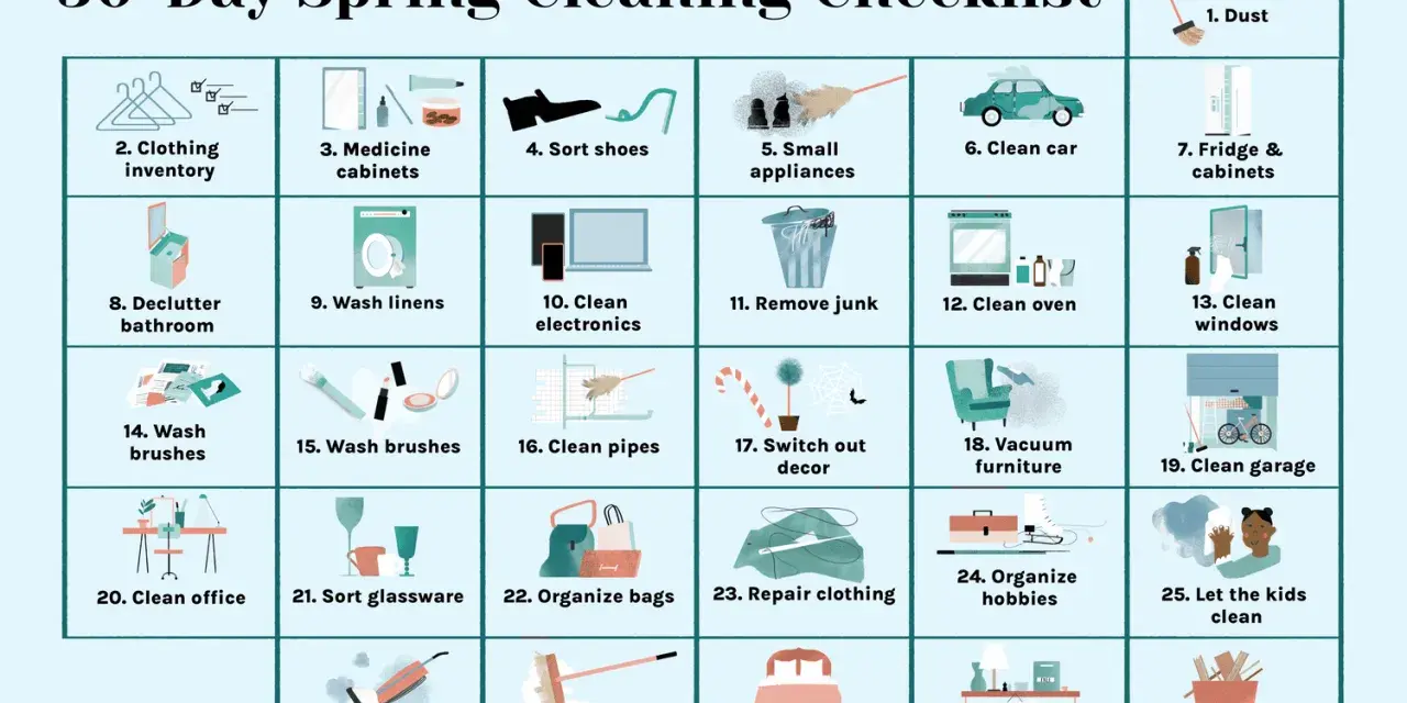 A 30-day spring cleaning checklist with illustrated tasks like dusting, organizing clothes, cleaning appliances, and decluttering.