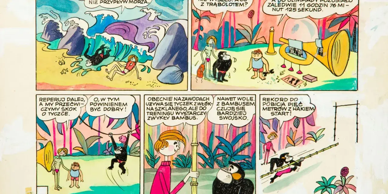 Co to jest komiks? Cztery panele przedstawiające małpy i ludzi w zabawnych sytuacjach, od plaży po dżunglę.