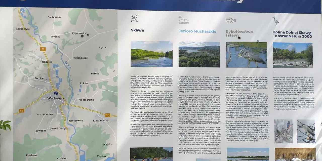 Wadowice i okolice: mapa z zaznaczoną rzeką Skawą, Jeziorem Mucharskim i obszarem Natura 2000. Odkryj piękno przyrody i historię regionu.