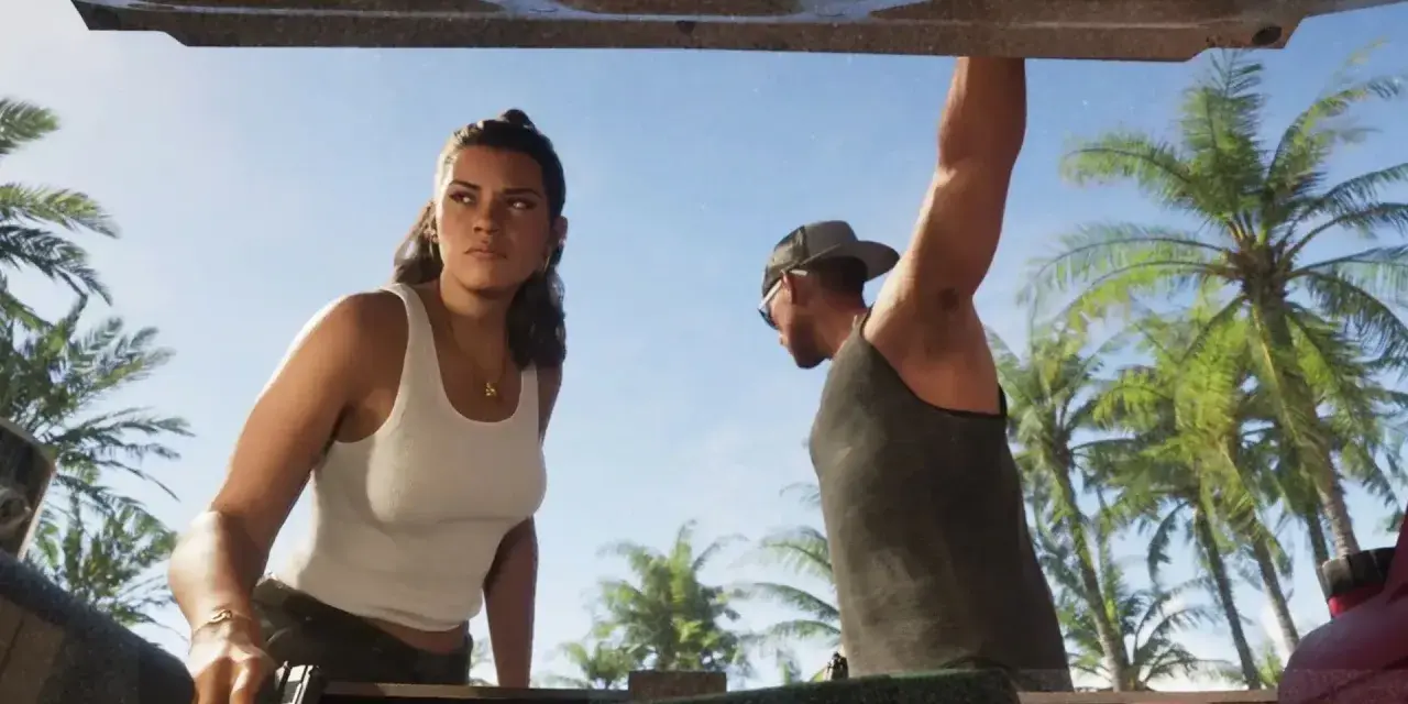 Kobieta i mężczyzna w tropikalnym otoczeniu, przygotowujący się do akcji. Zapowiedź premiery GTA 6 budzi emocje.