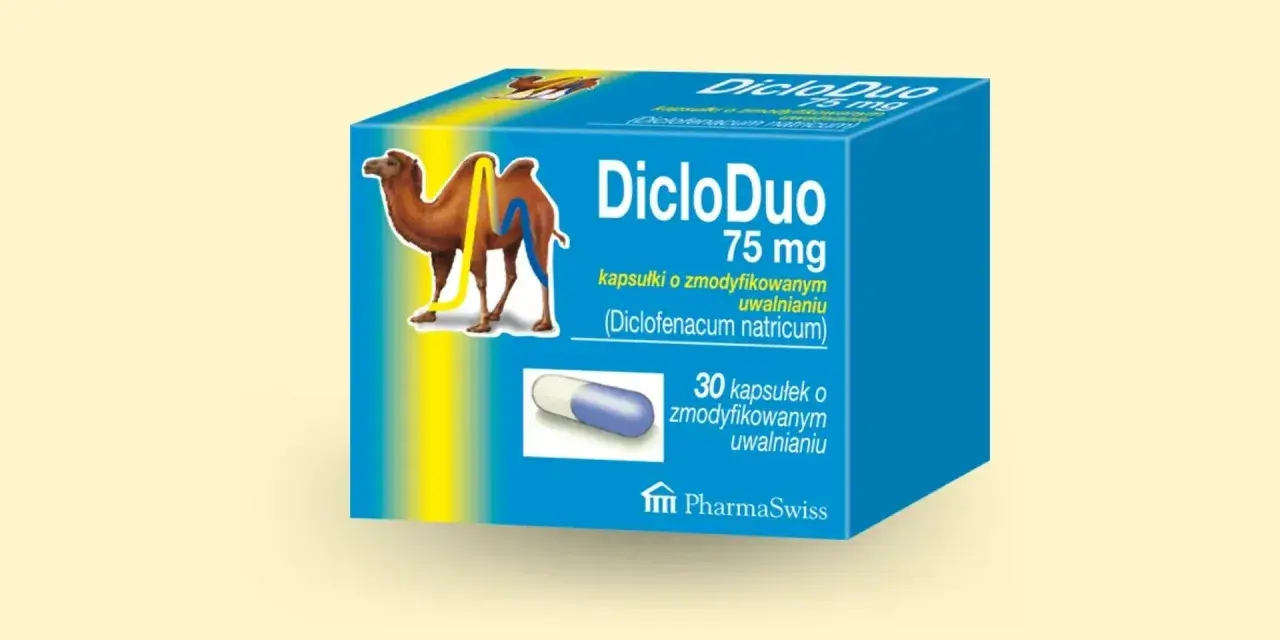 Opakowanie DicloDuo 75 mg z wielbłądem, reklamujące najsilniejszy lek na ból kręgosłupa.