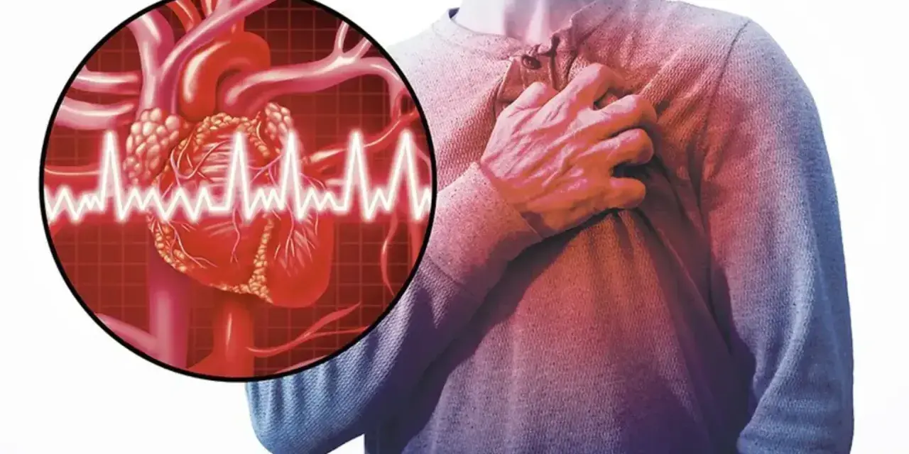 Człowiek trzymający się za klatkę piersiową, symbolizujący dusznicę bolesną. Obok grafika serca z zapisem EKG.