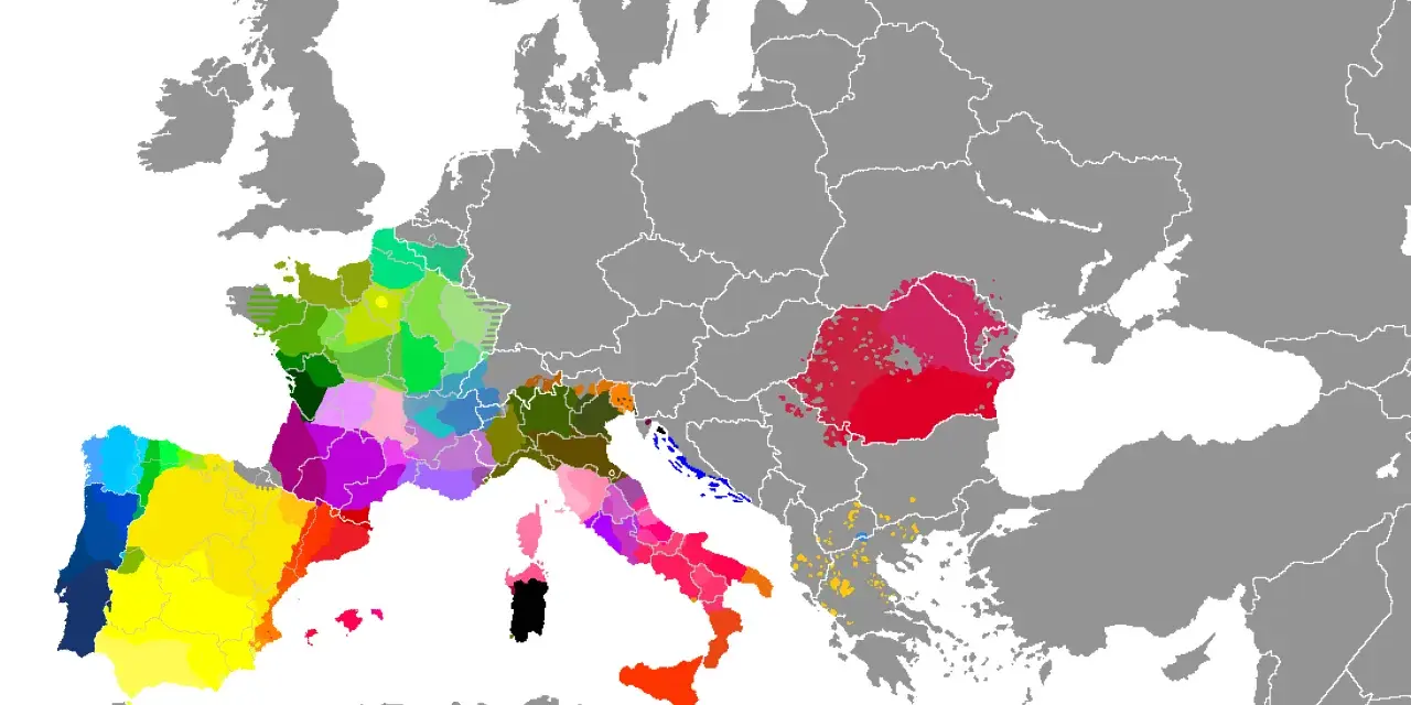 Mapa de Europa con áreas coloreadas que indican dónde se habla el corso y otras lenguas romances.