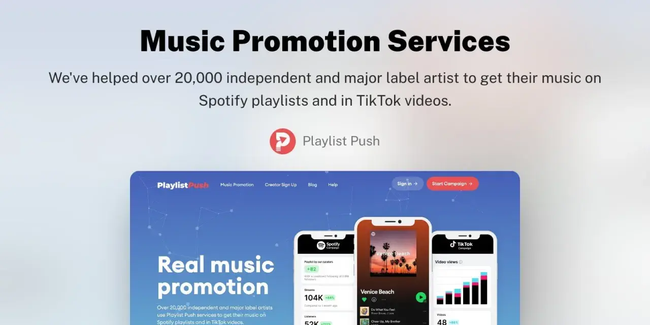 Playlist Push: Musikpromotion-Erfahrungen. Website zeigt, wie über 20.000 Künstler Musik auf Spotify & TikTok promoten.