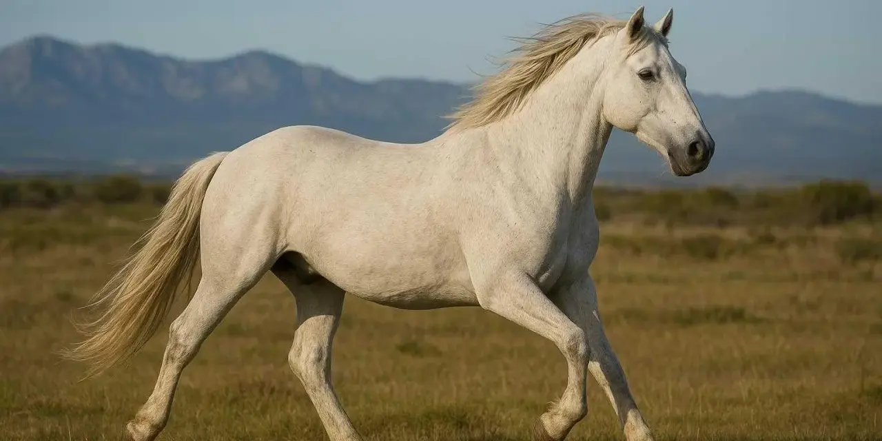 Un magnifique cheval Camargue blanc galope dans un pré herbeux, avec des montagnes bleues en arrière-plan.