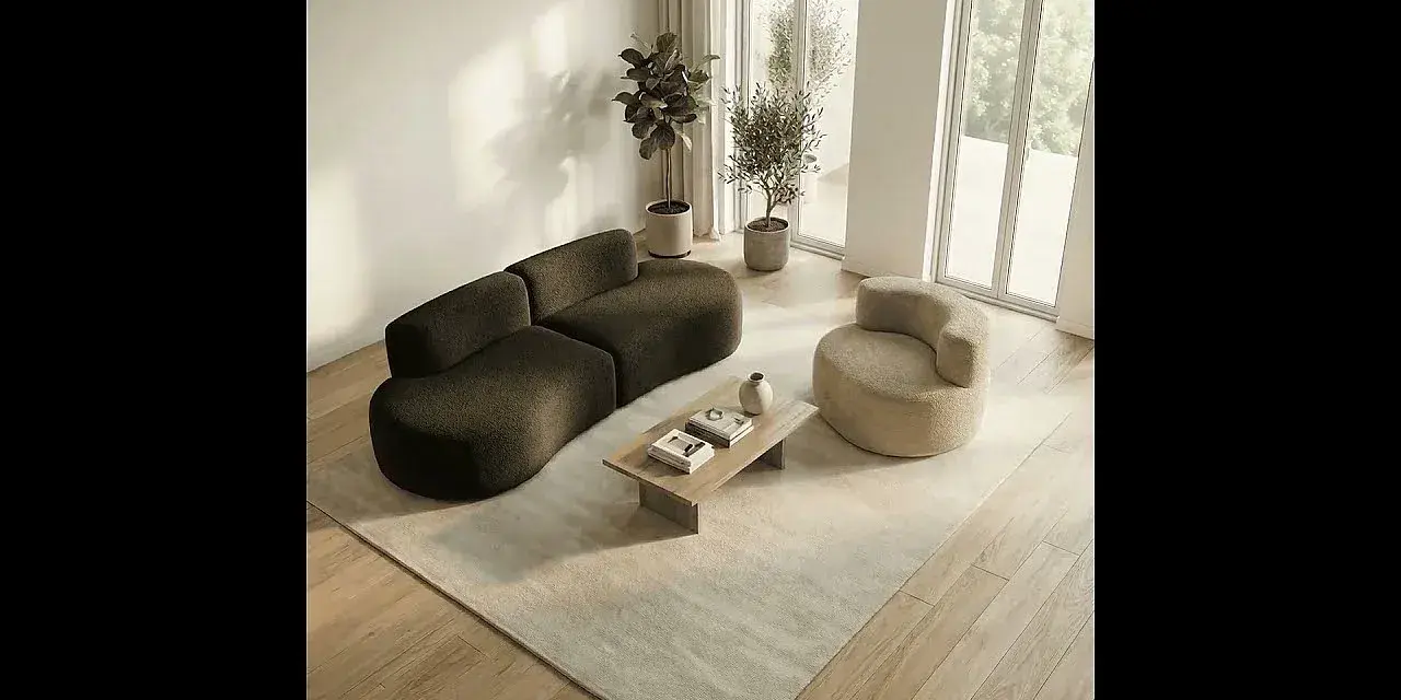 Un salon moderne avec un canapé incurvé marron chocolat et un fauteuil rond beige, une table basse en bois et un tapis clair.