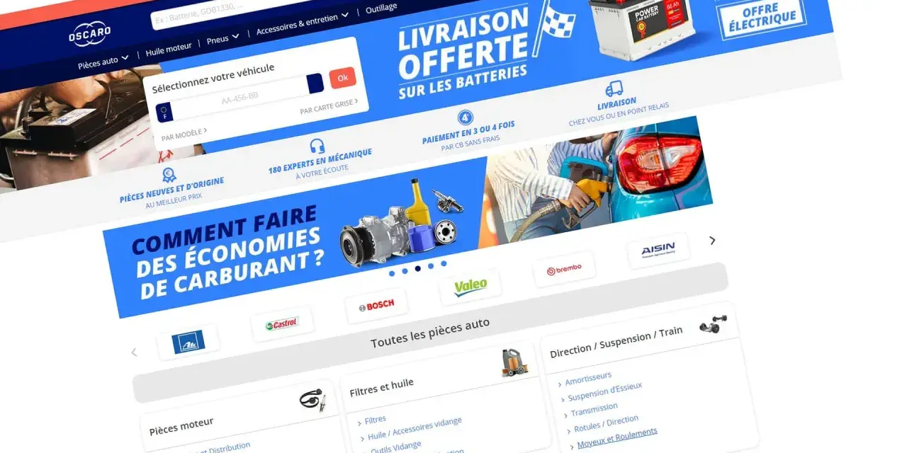 Page d'accueil Oscaro : recherche de pièces auto, livraison offerte sur les batteries, conseils d'experts.