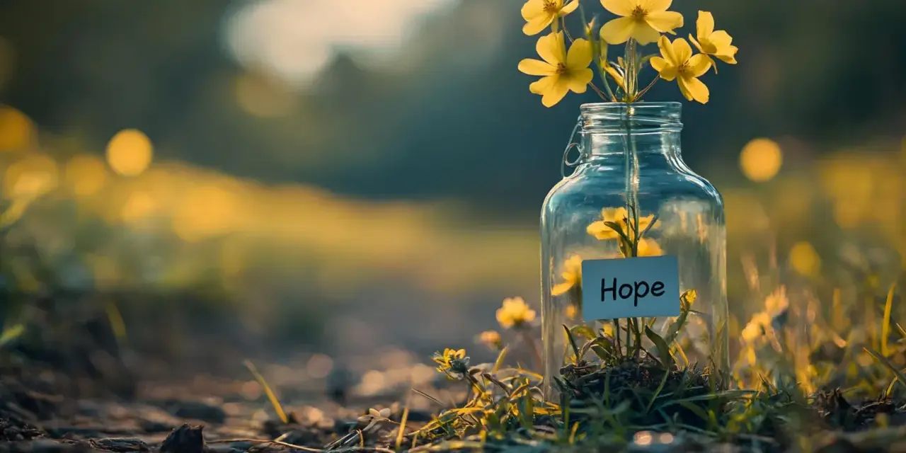 Gelbe Blumen in einem Glas mit dem Wort "Hope" darauf. Dies symbolisiert, was Advent bedeutet: Hoffnung und Licht in dunklen Zeiten.
