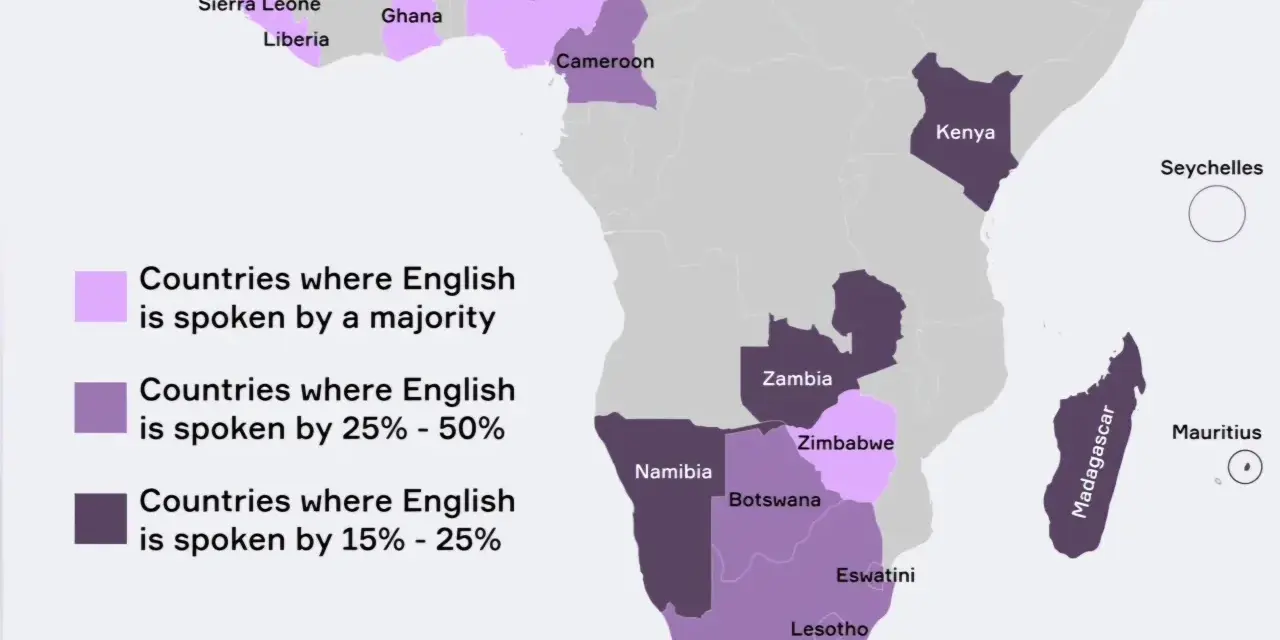 Mapa Afryki z zaznaczonymi krajami, gdzie angielski jest językiem urzędowym. Ghana jest jednym z nich.