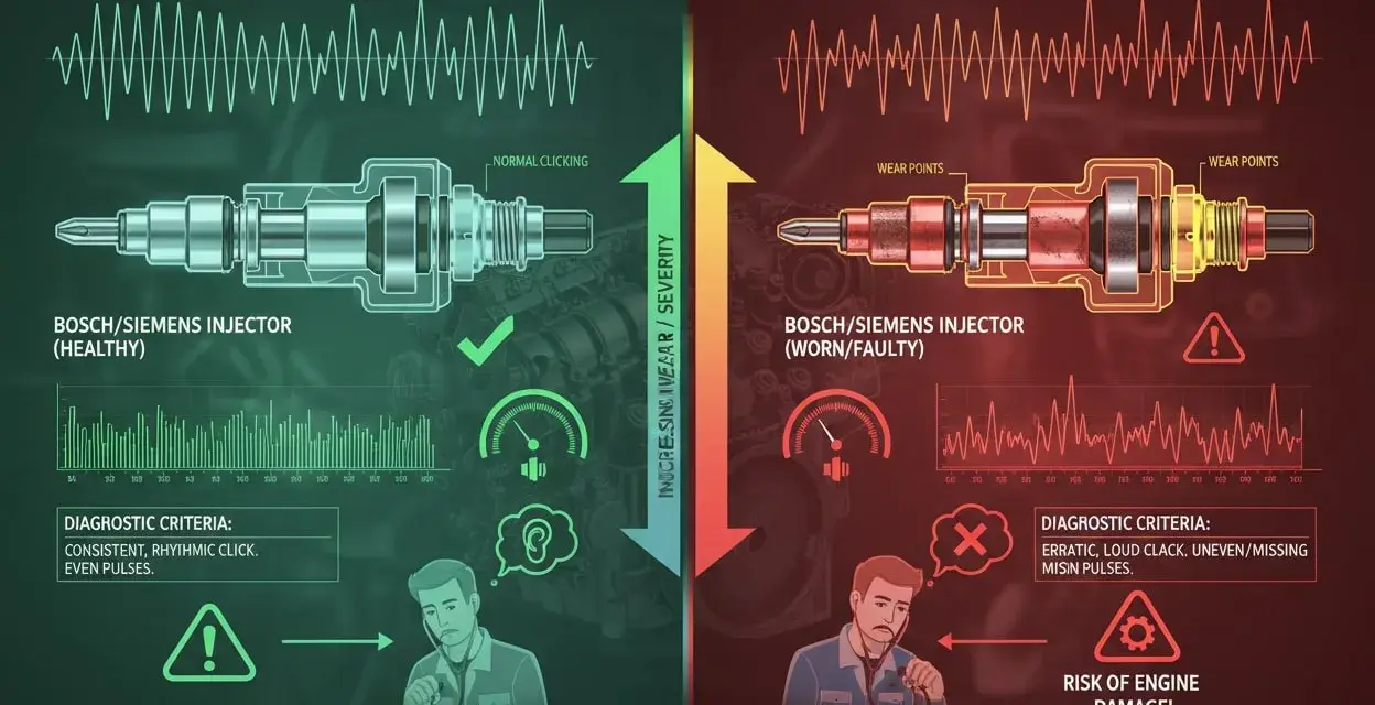 Vergleich von Bosch/Siemens Injektoren: gesunder Zustand mit normalem Klickgeräusch und defekter Zustand mit Symptomen wie unregelmäßigem, lautem Klacken.