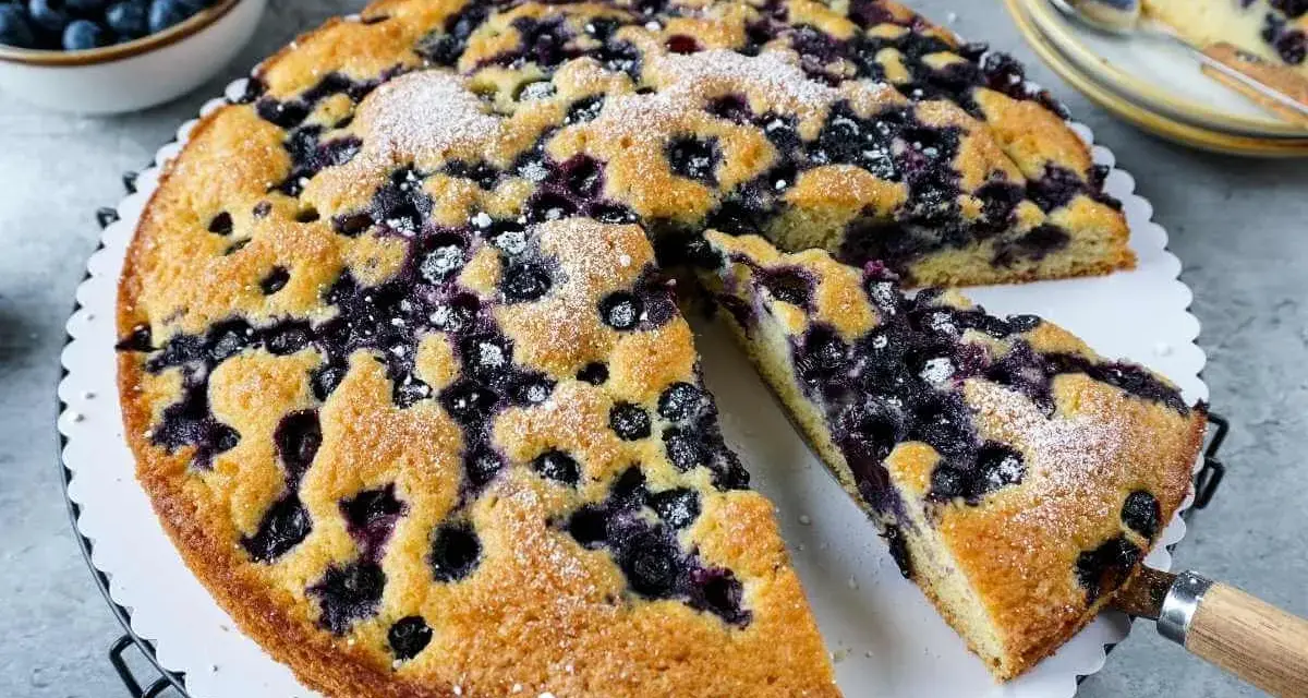 Saftiger Blaubeerkuchen, gebacken nach Omas Rezept. Mit Puderzucker bestäubt und voller Blaubeeren.