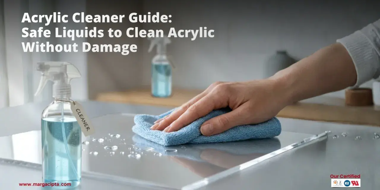 Learn how to clean acrylic safely with this guide. A hand wipes a clear acrylic surface with a blue cloth, next to a spray bottle labeled "CLEANER.