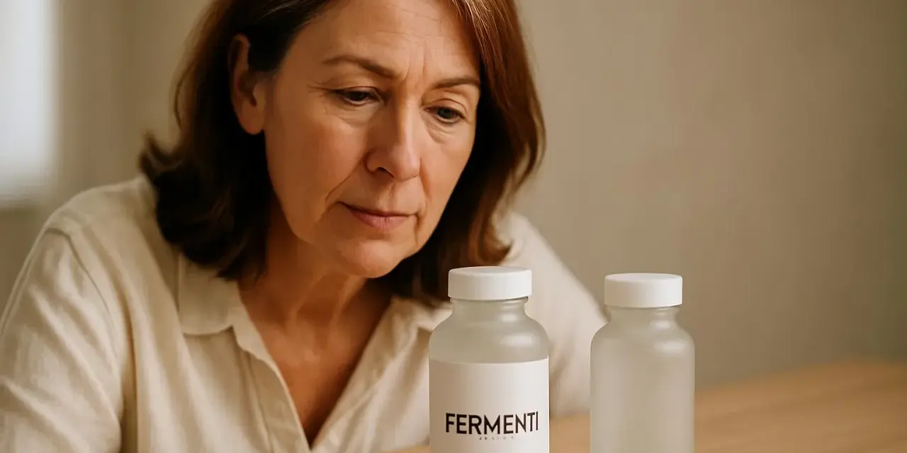 Donna guarda due flaconi di fermenti lattici, sperando che facciano andare in bagno.