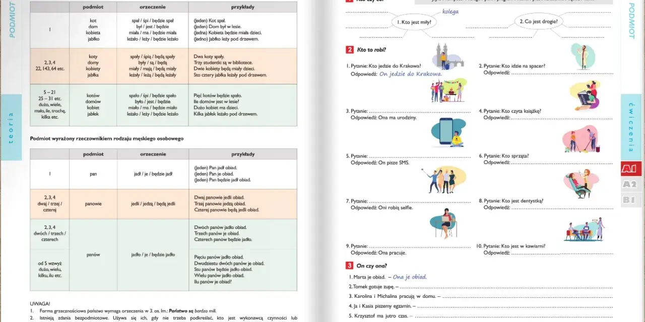 Tabele z przykładami użycia rzeczowników w funkcji podmiotu, ćwiczenia na składnię i odmianę czasowników.