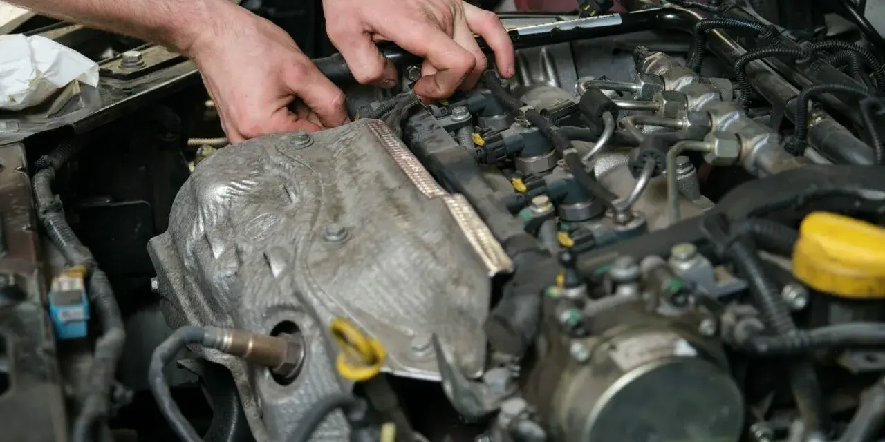 Mechanik wymienia czujnik położenia wałka rozrządu w silniku samochodowym.
