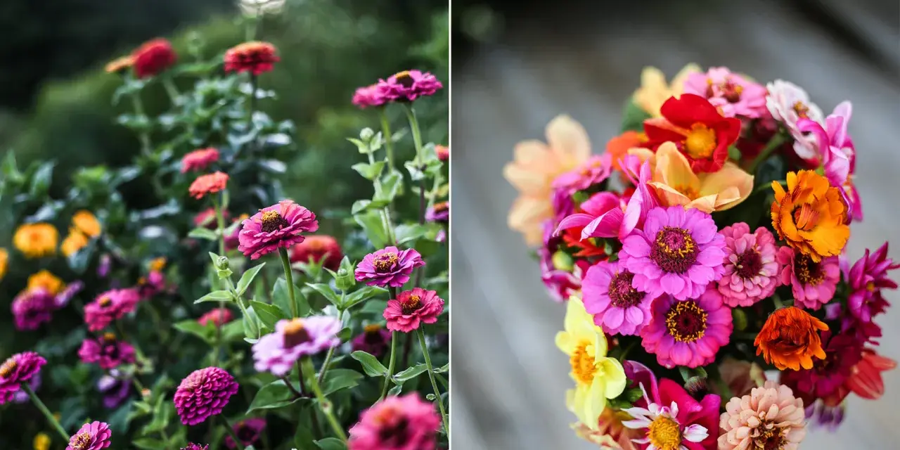 En bukett med färgglada zinnia i kruka, med blommor i rosa, orange, gult och rött.