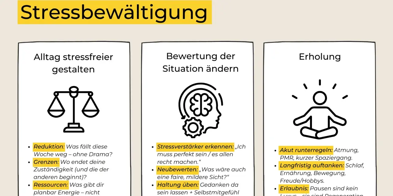 Drei Säulen der Stressbewältigung: Alltag gestalten, Situation bewerten, Erholung. Effektives coping durch Reduktion, Grenzen setzen & Ressourcen nutzen.