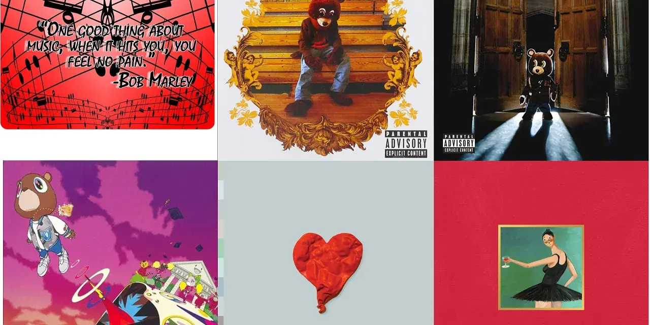 Six pochettes d'album de Kanye West, dont "Late Registration" avec un ours en peluche.