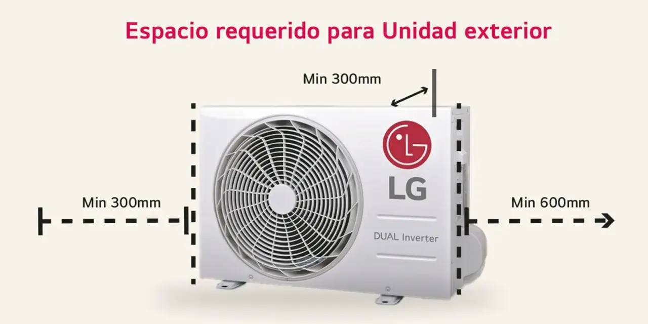 Unidad exterior de aire acondicionado LG con indicaciones de medidas: mínimo 300mm laterales y 600mm trasero.
