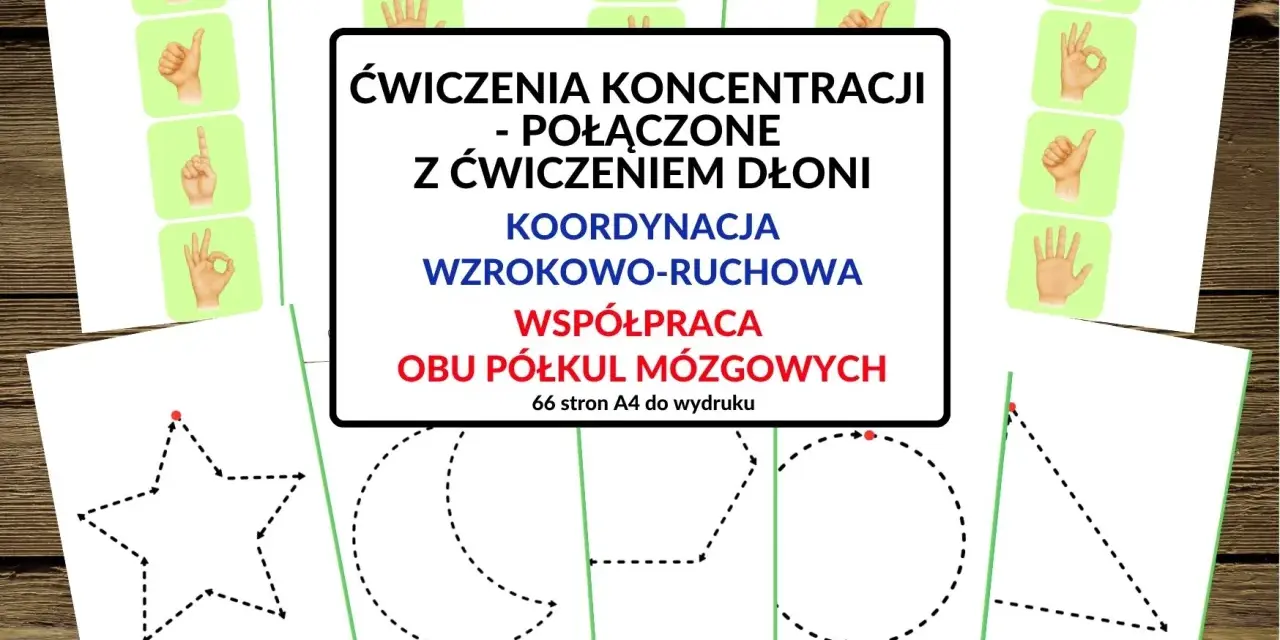 Zestaw darmowe ćwiczenia na koncentrację z obrazkami dłoni i kształtami do obrysowania.