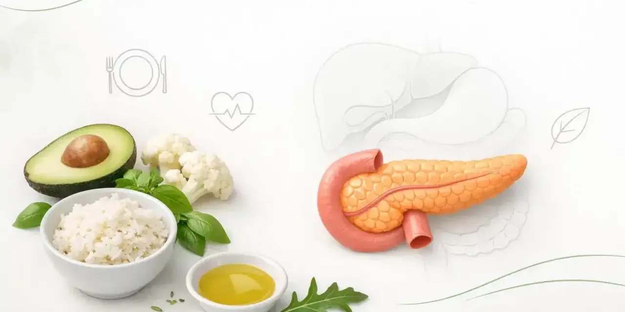 Zdrowe składniki jak ryż, awokado, kalafior i oliwa wspierają dietę trzustkową. Obok model trzustki i wątroby.