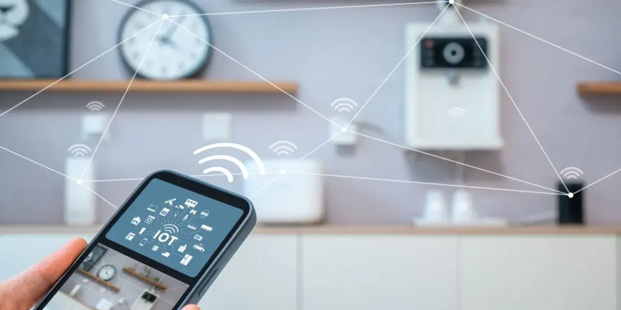 A hand holds a smartphone displaying an IoT interface, showing how you can control an IoT connected smart device remotely.