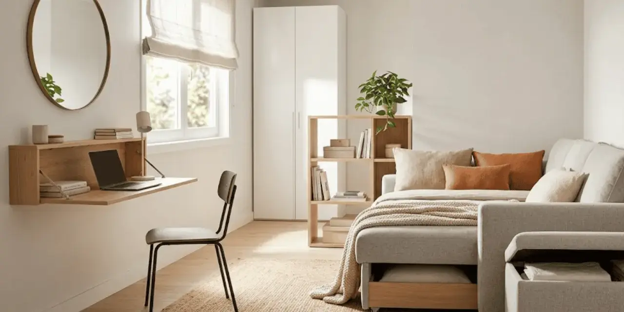Habitación de invitados y estudio con escritorio plegable, sofá cama y estantería.