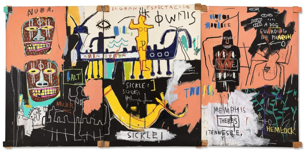 Peinture vibrante de Basquiat, avec des masques, un bateau, un chien gardant un pharaon. Ce style, quel style de peinture se vend le mieux, attire l'œil.