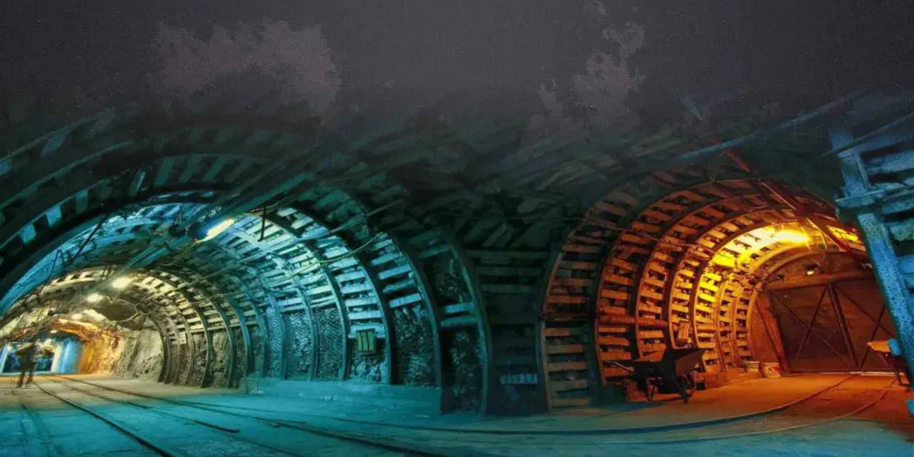 Wnętrze kopalni Nowa Ruda. Tunel oświetlony niebieskim i pomarańczowym światłem, z drewnianymi podporami i torami kolejowymi.