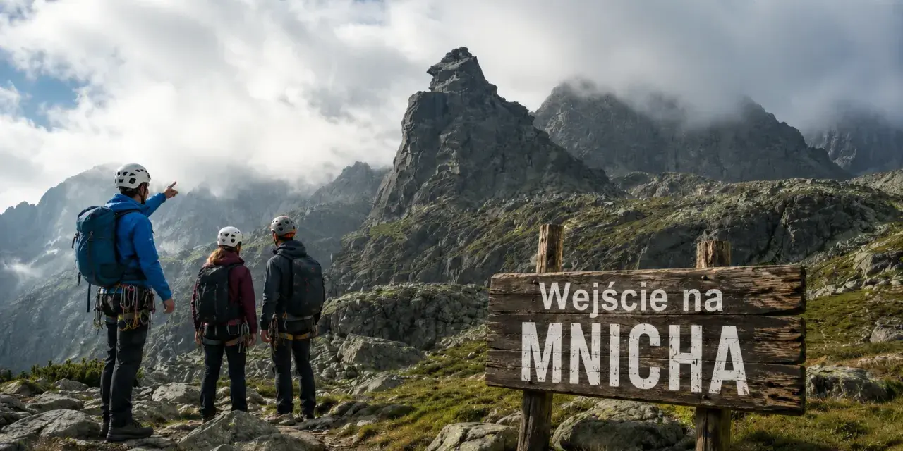 Trzech turystów w kaskach i z plecakami stoi przed znakiem "Wejście na Mnicha" w Tatrach.