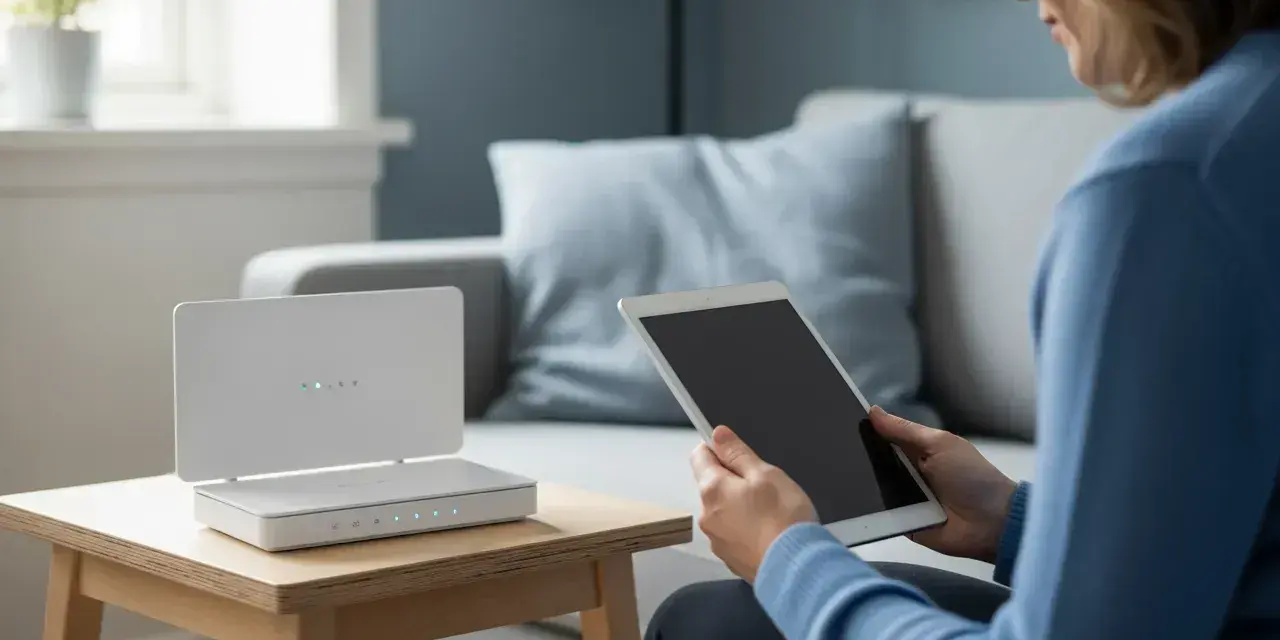 Kvinna med surfplatta bredvid en vit router som visar statuslampor. Hon kanske justerar wifi frekvens för bättre täckning.