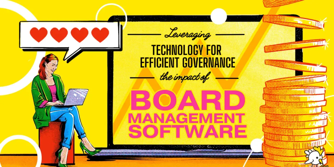 A woman uses board management software on her laptop, with hearts above her head and coins to the side, symbolizing efficient governance and success.