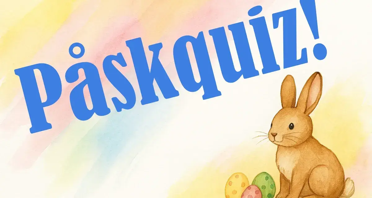 Påskquiz med en söt kanin och färgglada ägg. Perfekt för roliga frågor om påsk!